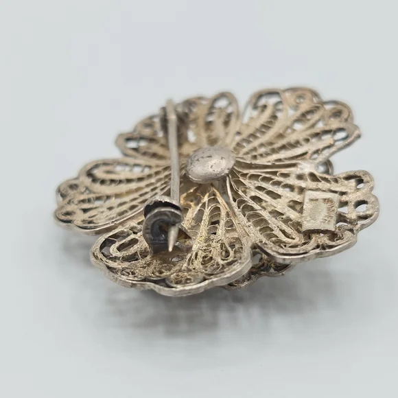 VTG Mexico Silver Filigree Flower Brooch Pin Layered Floral 1.75" REPAIR - Picture 7 of 12